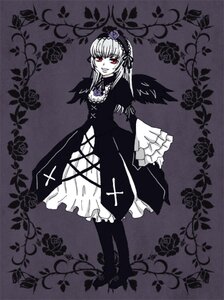 Rating: Safe Score: 0 Tags: 1girl dress flower frills hairband image long_hair long_sleeves looking_at_viewer monochrome pantyhose red_eyes rose smile solo standing suigintou wings User: admin