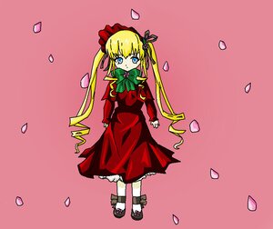 Rating: Safe Score: 0 Tags: 1girl blonde_hair blue_eyes bonnet bow bowtie cherry_blossoms dress full_body green_bow image long_hair long_sleeves looking_at_viewer petals pink_background red_dress rose_petals shinku shoes solo twintails User: admin