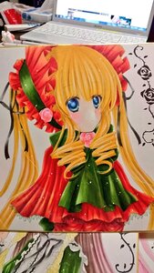 Rating: Safe Score: 0 Tags: 1girl blonde_hair blue_eyes blush bonnet bow dress drill_hair flower green_bow image long_hair marker_(medium) photo pink_flower red_capelet red_dress red_flower rose shinku sidelocks solo traditional_media twintails User: admin