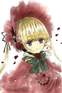 Rating: Safe Score: 0 Tags: 1girl blonde_hair blue_eyes blush bonnet bow bowtie capelet dress flower green_bow image long_hair looking_at_viewer petals red_capelet red_flower red_rose rose rose_petals shinku smile solo twintails upper_body white_background User: admin