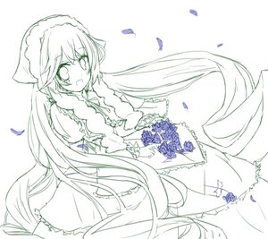 Rating: Safe Score: 0 Tags: 1girl blush bonnet dress feathers flower frills long_hair long_sleeves monochrome open_mouth petals rose solo suiseiseki very_long_hair User: admin