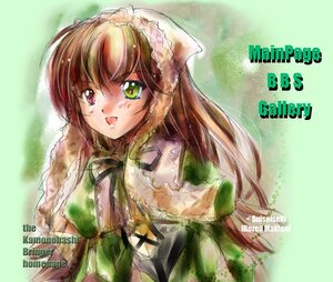 Rating: Safe Score: 0 Tags: 1girl :d artist_name brown_hair character_name dress english_text frills green_background green_dress green_eyes hat heterochromia image long_hair long_sleeves looking_at_viewer open_mouth red_eyes smile solo suiseiseki upper_body User: admin