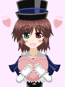 Rating: Safe Score: 0 Tags: 1girl blush brown_hair green_eyes hat heart heterochromia image long_sleeves open_mouth red_eyes short_hair smile solo souseiseki striped striped_background top_hat vertical_stripes User: admin