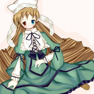 Rating: Safe Score: 0 Tags: 1girl :o blush brown_hair dress frills green_dress hat head_scarf heterochromia image long_hair long_sleeves looking_at_viewer red_eyes ribbon simple_background solo suiseiseki very_long_hair User: admin