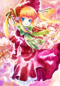 Rating: Safe Score: 0 Tags: 1girl blonde_hair blue_eyes bonnet bow bowtie capelet dress flower green_bow green_neckwear image long_hair long_sleeves looking_at_viewer red_dress ribbon rose shinku smile solo twin_drills twintails User: admin