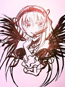 Rating: Safe Score: 0 Tags: 1girl akemi_homura akuma_homura black_wings bow dress feathered_wings hairband image long_hair looking_at_viewer monochrome simple_background smile solo suigintou wings User: admin