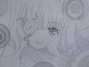 Rating: Safe Score: 0 Tags: 1girl bangs closed_mouth eyebrows_visible_through_hair flower hair_ornament image kirakishou looking_at_viewer monochrome smile solo traditional_media User: admin