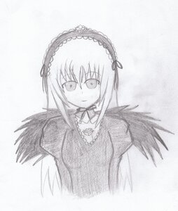 Rating: Safe Score: 0 Tags: 1girl black_wings closed_mouth dress eyebrows_visible_through_hair flower frills greyscale hairband image long_hair long_sleeves looking_at_viewer monochrome ribbon simple_background smile solo suigintou traditional_media upper_body white_background wings User: admin