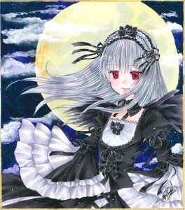 Rating: Safe Score: 0 Tags: 1girl black_ribbon dress flower frills full_moon gothic_lolita hairband image lolita_fashion lolita_hairband long_hair long_sleeves looking_at_viewer marker_(medium) moon night red_eyes ribbon rose signature silver_hair sky smile solo suigintou traditional_media wings User: admin