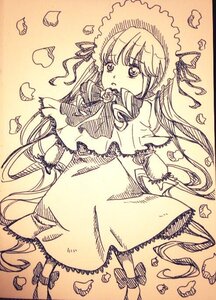 Rating: Safe Score: 0 Tags: 1girl bonnet dress drill_hair frills full_body image long_hair long_sleeves looking_at_viewer monochrome ribbon shinku shoes solo traditional_media twintails very_long_hair User: admin