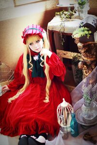 Rating: Safe Score: 0 Tags: 1girl black_legwear blonde_hair blue_eyes dress flower long_hair red_dress shinku sitting solo User: admin