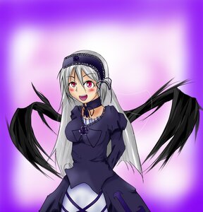 Rating: Safe Score: 0 Tags: 1girl black_wings blush dress frills gradient gradient_background hairband image juliet_sleeves long_hair long_sleeves looking_at_viewer open_mouth pink_eyes purple_background silver_hair smile solo suigintou very_long_hair wings User: admin