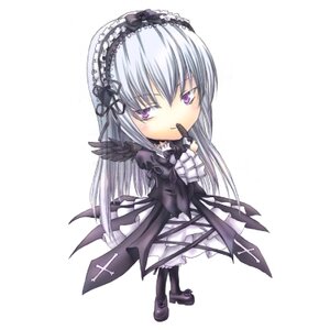 Rating: Safe Score: 0 Tags: 1girl boots chibi dress finger_to_mouth frills full_body hairband image lolita_fashion long_hair long_sleeves looking_at_viewer purple_eyes silver_hair solo standing suigintou white_background wings User: admin