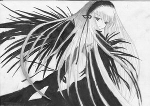 Rating: Safe Score: 0 Tags: 1girl auto_tagged blush dress frills greyscale hairband image long_hair long_sleeves looking_at_viewer looking_back monochrome solo suigintou traditional_media very_long_hair wings User: admin