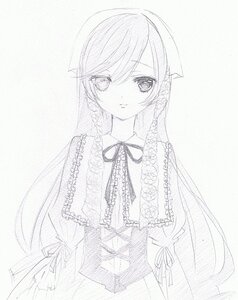 Rating: Safe Score: 0 Tags: 1girl dress frills greyscale image long_hair long_sleeves looking_at_viewer monochrome ribbon solo suiseiseki traditional_media very_long_hair white_background User: admin