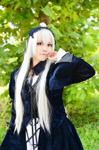 Rating: Safe Score: 0 Tags: 1girl bangs black_dress blue_dress brown_eyes closed_mouth dress hairband lips long_hair long_sleeves looking_at_viewer outdoors smile solo standing suigintou very_long_hair white_hair User: admin