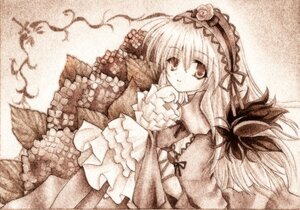 Rating: Safe Score: 0 Tags: 1girl dress flower frilled_sleeves frills hairband image long_hair long_sleeves looking_at_viewer monochrome rose solo suigintou traditional_media very_long_hair wings User: admin