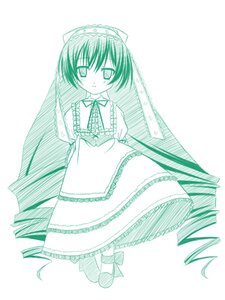 Rating: Safe Score: 0 Tags: 1girl blue_theme bow dress frills full_body green_theme image long_sleeves looking_at_viewer monochrome ribbon shoes simple_background solo standing suiseiseki very_long_hair white_background User: admin