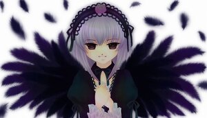 Rating: Safe Score: 0 Tags: 1girl black_ribbon black_wings dress feathered_wings feathers flower frilled_sleeves frills hairband image long_sleeves looking_at_viewer puffy_sleeves rose silver_hair simple_background solo suigintou upper_body white_background wings User: admin