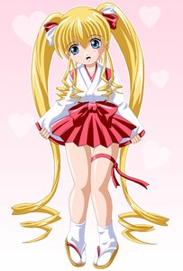 Rating: Safe Score: 0 Tags: 1girl blonde_hair blue_eyes blush gradient gradient_background heart image japanese_clothes long_hair miko open_mouth shinku skirt solo twintails very_long_hair User: admin