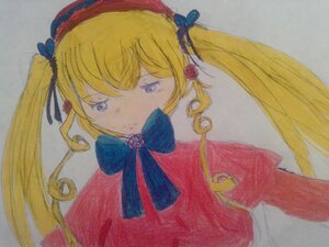 Rating: Safe Score: 0 Tags: 1girl blonde_hair bug butterfly flower image insect long_hair looking_at_viewer ribbon rose shinku simple_background solo traditional_media twintails upper_body User: admin