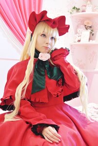 Rating: Safe Score: 0 Tags: 1girl blonde_hair blue_eyes bonnet bow curtains dress flower lips long_hair long_sleeves looking_at_viewer photo realistic red_dress rose shinku solo User: admin