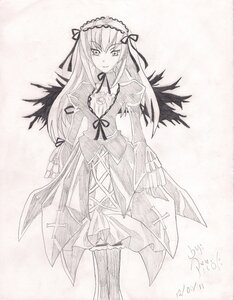 Rating: Safe Score: 0 Tags: 1girl dated dress flower frills greyscale hairband image long_hair long_sleeves looking_at_viewer monochrome ribbon rose signature solo standing suigintou traditional_media very_long_hair wings User: admin