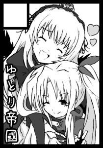 Rating: Safe Score: 0 Tags: 2girls barasuishou black_border blush border cape circle_cut closed_eyes fate_testarossa greyscale hair_ribbon heart image letterboxed long_hair looking_at_viewer monochrome multiple_girls one_eye_closed open_mouth pair ribbon simple_background smile suigintou twintails white_background User: admin