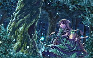 Rating: Safe Score: 0 Tags: 1girl auto_tagged dress flower forest green_dress green_eyes holding image long_hair monster_girl nature night solo suiseiseki tree wakasagihime User: admin
