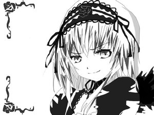 Rating: Safe Score: 0 Tags: 1girl blush closed_mouth frills greyscale hairband image long_hair long_sleeves looking_at_viewer monochrome ribbon simple_background smile solo suigintou upper_body white_background wings User: admin