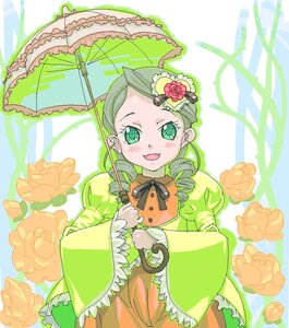 Rating: Safe Score: 0 Tags: 1girl blush dress drill_hair flower frills green_dress green_eyes green_hair hair_ornament holding holding_umbrella image kanaria long_sleeves looking_at_viewer open_mouth parasol ribbon rose smile solo twin_drills umbrella wide_sleeves yellow_dress User: admin