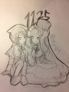 Rating: Safe Score: 0 Tags: 2girls blush capelet dress graphite_(medium) hat image long_hair long_sleeves monochrome multiple_girls pair ribbon short_hair sitting sketch smile souseiseki suiseiseki traditional_media User: admin