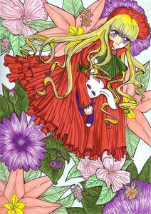 Rating: Safe Score: 0 Tags: 1girl blonde_hair blue_eyes bonnet bow dress flower hat image long_hair long_sleeves looking_at_viewer marker_(medium) red_dress shinku sidelocks solo traditional_media very_long_hair User: admin