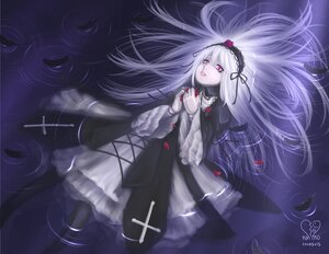 Rating: Safe Score: 0 Tags: 1girl afloat black_ribbon dress flower frills from_above hairband image long_hair looking_at_viewer lying partially_submerged petals reflection ribbon ripples rose signature silver_hair solo standing_on_liquid suigintou very_long_hair water User: admin