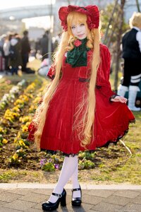 Rating: Safe Score: 0 Tags: 1girl black_footwear blonde_hair blue_eyes blurry blurry_background blurry_foreground bonnet bow depth_of_field dress flower full_body long_hair long_sleeves looking_at_viewer outdoors pantyhose photo red_dress shinku shoes solo solo_focus standing twintails very_long_hair white_legwear User: admin