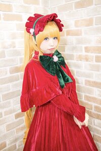 Rating: Safe Score: 0 Tags: 1girl bangs blonde_hair blue_eyes bonnet bow bowtie brick_wall capelet cowboy_shot dress green_bow green_neckwear long_hair long_sleeves looking_at_viewer red_capelet red_dress shinku solo standing v_arms wall User: admin