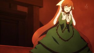 Rating: Safe Score: 0 Tags: 1girl brown_hair closed_eyes dress green_dress image long_hair long_sleeves open_mouth smile solo suiseiseki very_long_hair User: admin