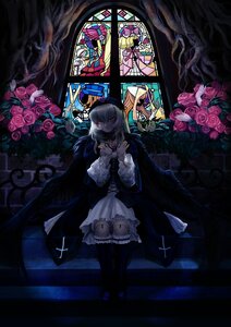 Rating: Safe Score: 0 Tags: 1girl flower gothic_lolita hat image pink_flower pink_rose red_eyes rose solo stained_glass suigintou User: admin