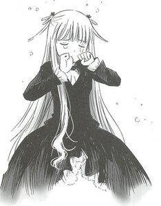 Rating: Safe Score: 0 Tags: 1girl barasuishou bubble closed_eyes dress greyscale hair_ornament image long_hair long_sleeves monochrome solo tears very_long_hair white_background User: admin