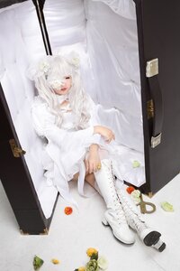 Rating: Safe Score: 0 Tags: 1girl dress flower hair_ornament high_heels jewelry kirakishou long_hair ring sitting solo white_dress white_flower white_hair white_rose white_theme User: admin