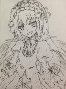 Rating: Safe Score: 0 Tags: 1girl dress eyebrows_visible_through_hair greyscale hairband image long_hair long_sleeves looking_at_viewer monochrome open_mouth ribbon sketch smile solo suigintou traditional_media User: admin
