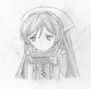 Rating: Safe Score: 0 Tags: 1girl frills greyscale hat holding image long_hair looking_at_viewer monochrome solo suiseiseki swept_bangs traditional_media upper_body User: admin