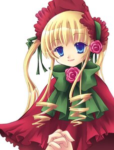 Rating: Safe Score: 0 Tags: 1girl blonde_hair blue_eyes bonnet bow bowtie dress flower green_bow green_neckwear image long_hair long_sleeves looking_at_viewer pink_flower pink_rose rose shinku sidelocks simple_background solo twintails white_background User: admin