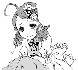 Rating: Safe Score: 0 Tags: 1girl ahoge blush dress drill_hair flower greyscale hat image juliet_sleeves kanaria long_hair long_sleeves looking_at_viewer monochrome neck_ribbon puffy_sleeves ribbon rose simple_background smile solo white_background User: admin