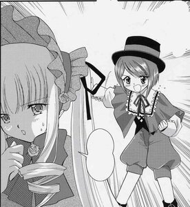 Rating: Safe Score: 0 Tags: 1boy blush bonnet bow capelet comic dress drill_hair flower frills greyscale hat image long_hair long_sleeves monochrome multiple_girls open_mouth pair rain rose shinku souseiseki top_hat User: admin