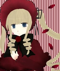 Rating: Safe Score: 0 Tags: 1girl bangs blonde_hair blue_eyes blush bonnet dress hat image long_hair long_sleeves looking_at_viewer petals red_dress shinku sidelocks solo striped_background upper_body User: admin