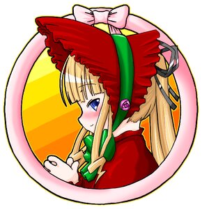 Rating: Safe Score: 0 Tags: 1girl blonde_hair blue_eyes blush bonnet bow dress image long_hair ribbon shinku sidelocks simple_background smile solo twintails User: admin