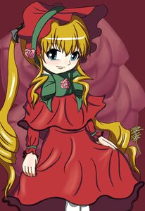 Rating: Safe Score: 0 Tags: 1girl blonde_hair blue_eyes blush bonnet bow capelet dress flower green_bow image long_hair long_sleeves looking_at_viewer pantyhose red_capelet red_dress rose shinku sidelocks simple_background smile solo twintails very_long_hair User: admin