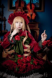 Rating: Safe Score: 0 Tags: 1girl blonde_hair bonnet dress flower hat long_hair red_dress red_flower red_rose rose shinku sitting solo User: admin