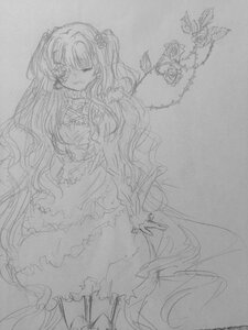 Rating: Safe Score: 0 Tags: 1girl auto_tagged closed_eyes dress frills greyscale image kirakishou long_hair monochrome sketch smile solo traditional_media two_side_up very_long_hair User: admin